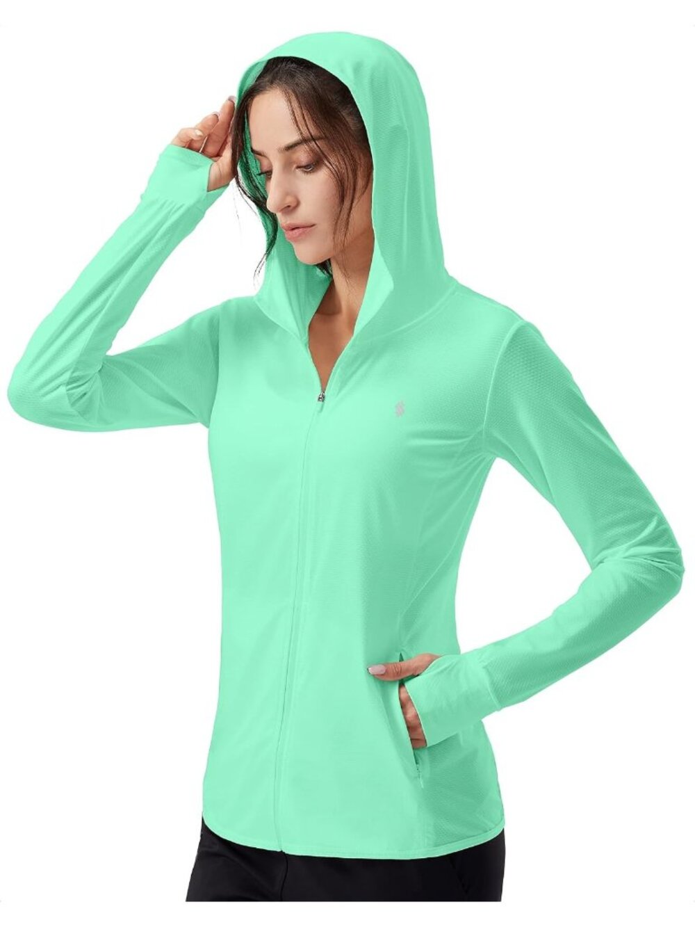 Women Bright Green Hoodie Thumbhole Long Sleeve Inner Pockets Full ZIP Jacket